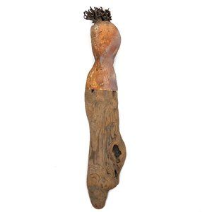 Vintage Unique Drift Wood Gourd Tribal Folk Art Rattle or Doll Root Hair 14.5"